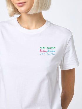 Woman cotton jersey crewneck t-shirt Emilie with Stai calma lo dici al mare embroidery - MC2 Saint Barth