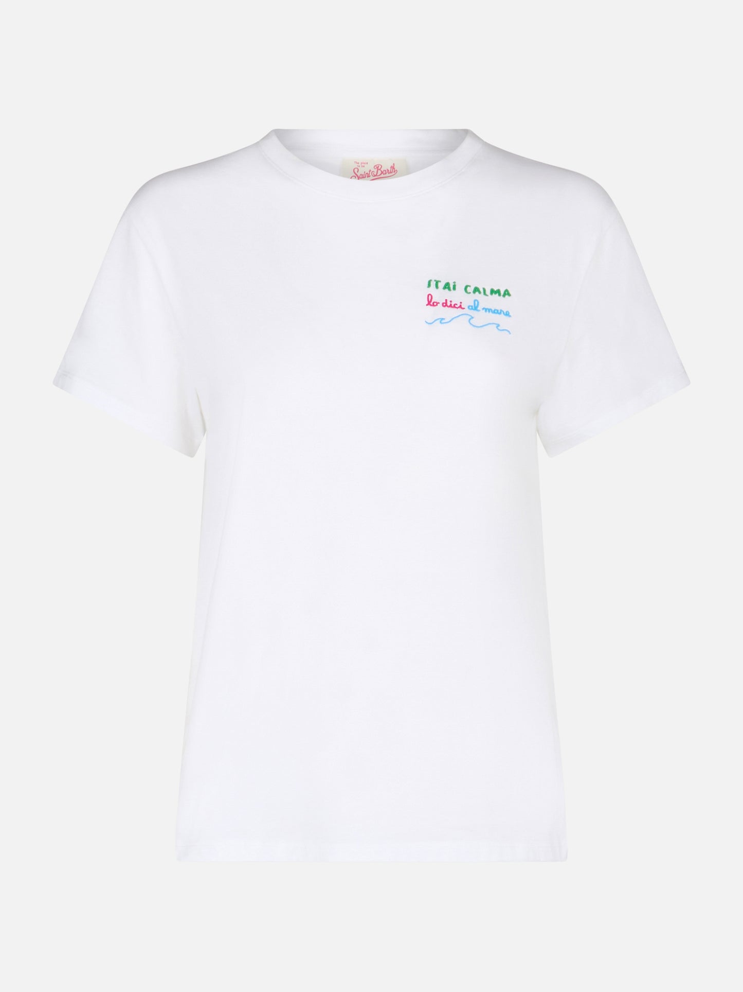 Woman cotton jersey crewneck t-shirt Emilie with Stai calma lo dici al mare embroidery - MC2 Saint Barth