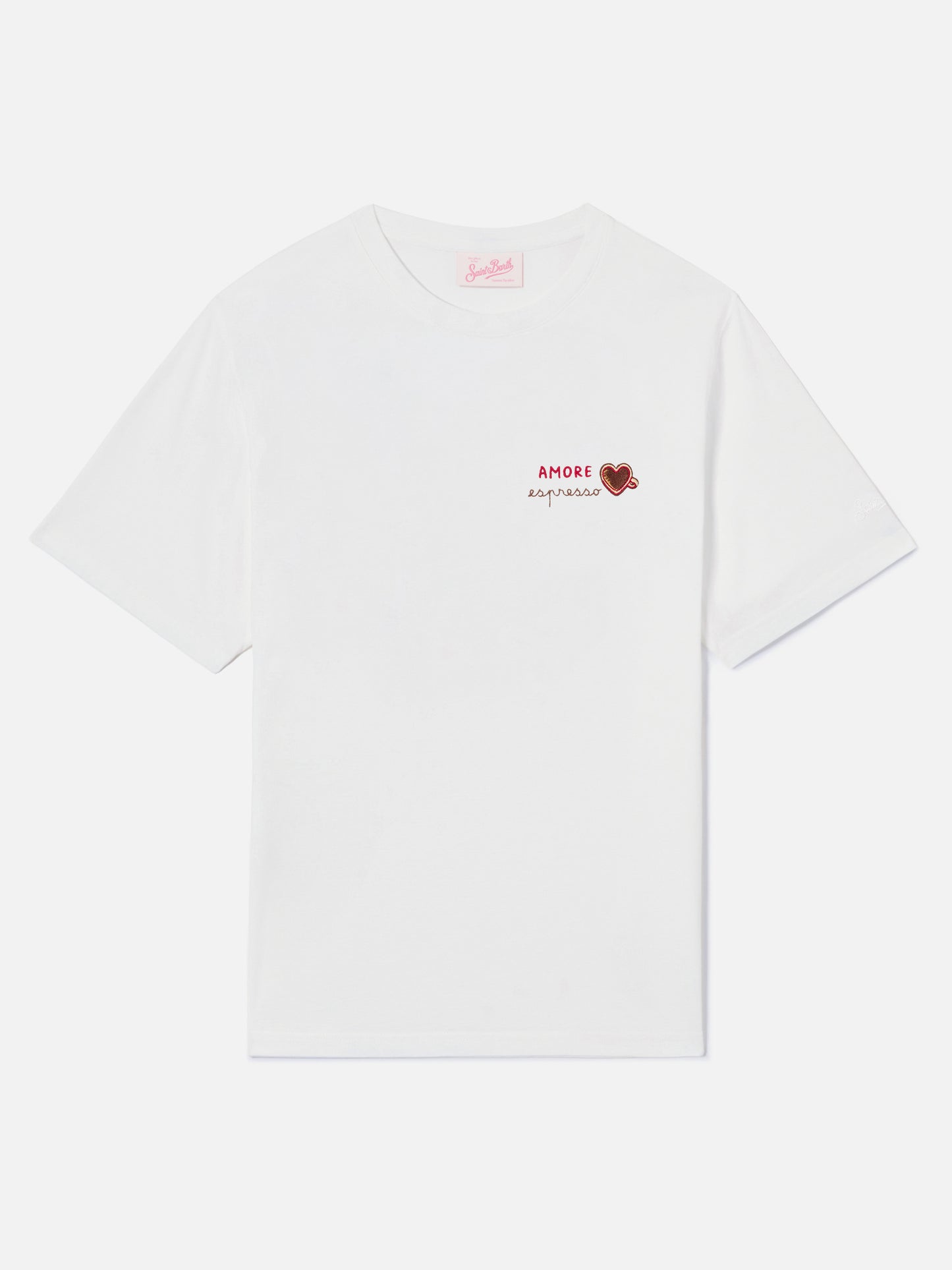 Weißes Emilie T-Shirt mit Amore Espresso-Stickerei