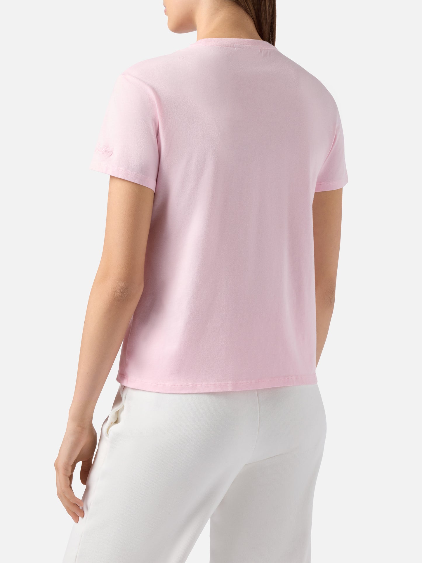 Emilie cotton T-shirt in pink with Ski you later embroidery