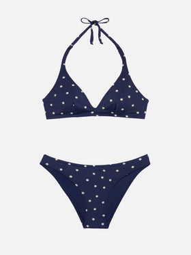 Gaia Maia fixed triangle bikini with high waist bottoms and polka dot print