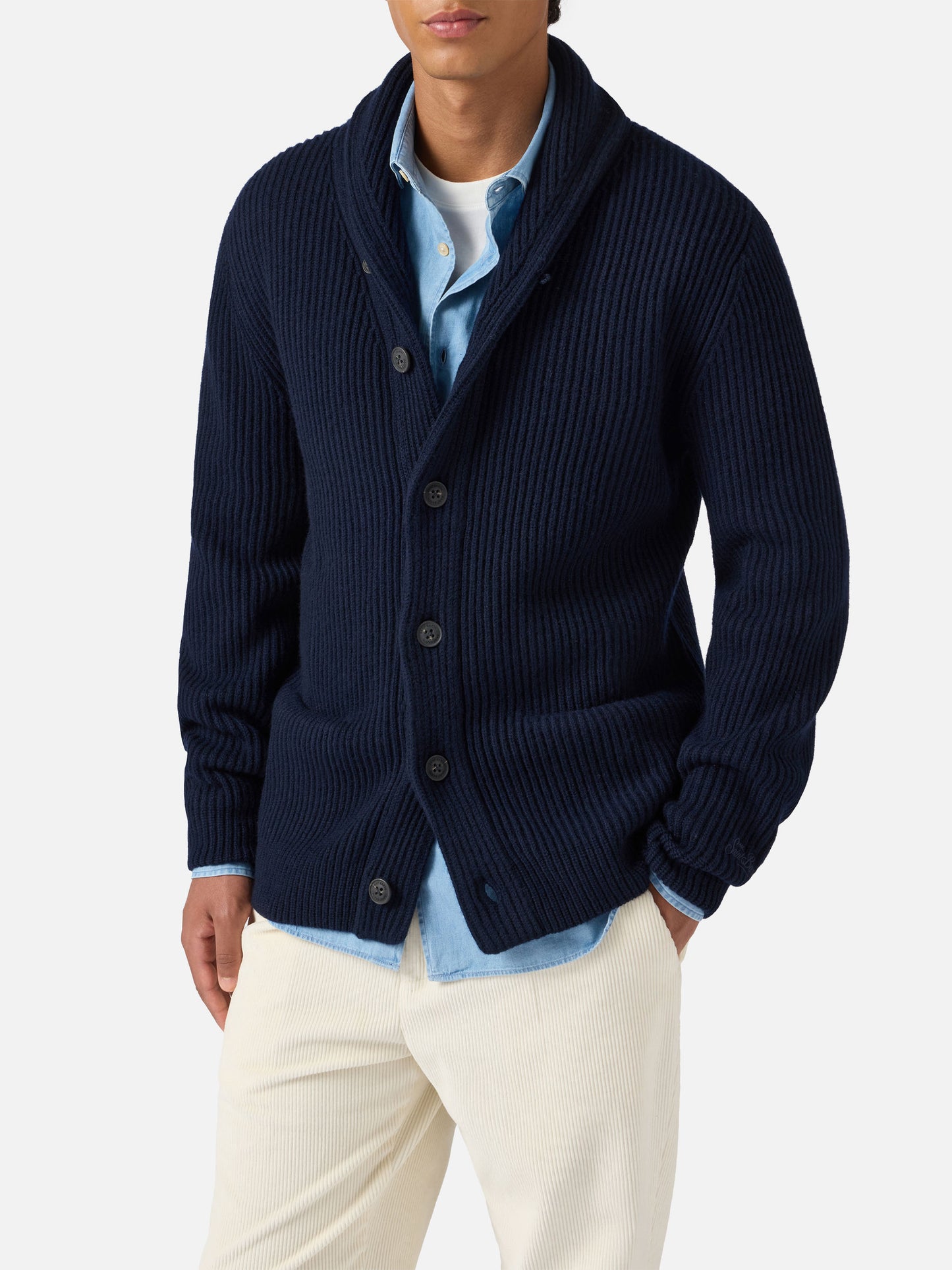 Cardigan Glasgow in pura lana blu notte