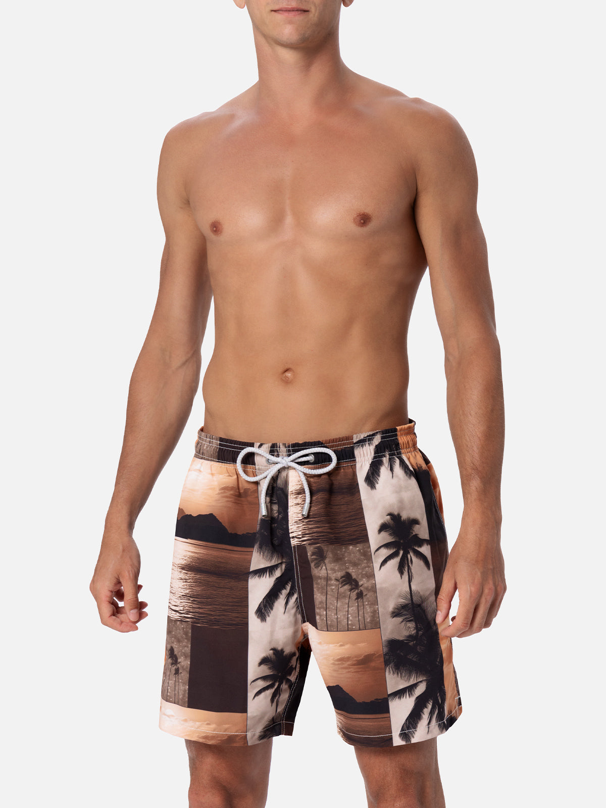 Man mid-length Gustavia swim-shorts with photo sunset print | AI CO-CREATED DESIGN BY RICKDICK - POWERED BY RED-EYE