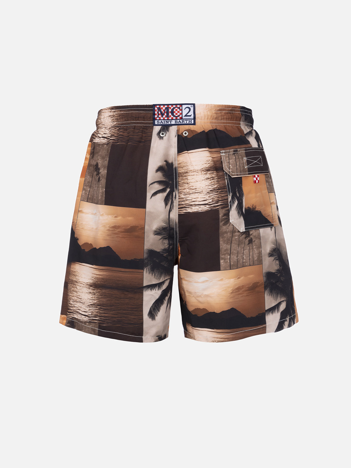 Man mid-length Gustavia swim-shorts with photo sunset print | AI CO-CREATED DESIGN BY RICKDICK - POWERED BY RED-EYE