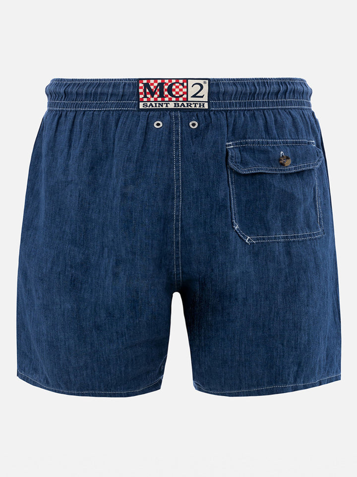 Mittellange Herren-Badeshorts aus Denim in Blau aus Leinen Gustavia