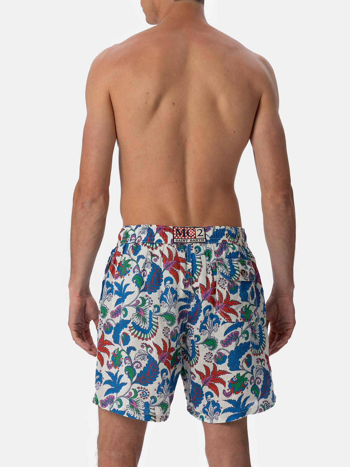 Man mid-length linen swim-shorts Gustavia with flower print - MC2 Saint Barth
