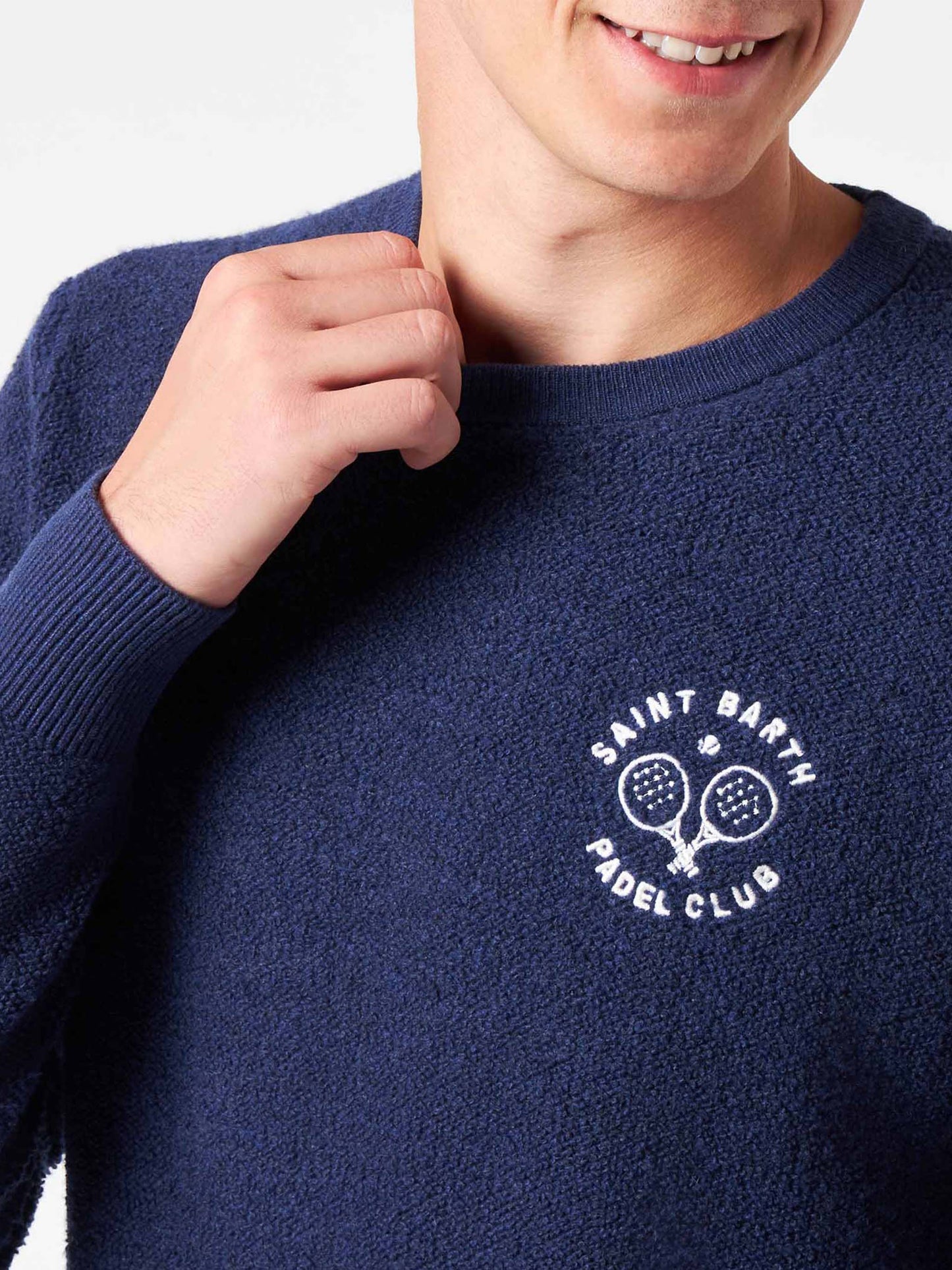 Man crewneck bluette bouclé sweater with Saint Barth Padel Club embroidery - MC2 Saint Barth
