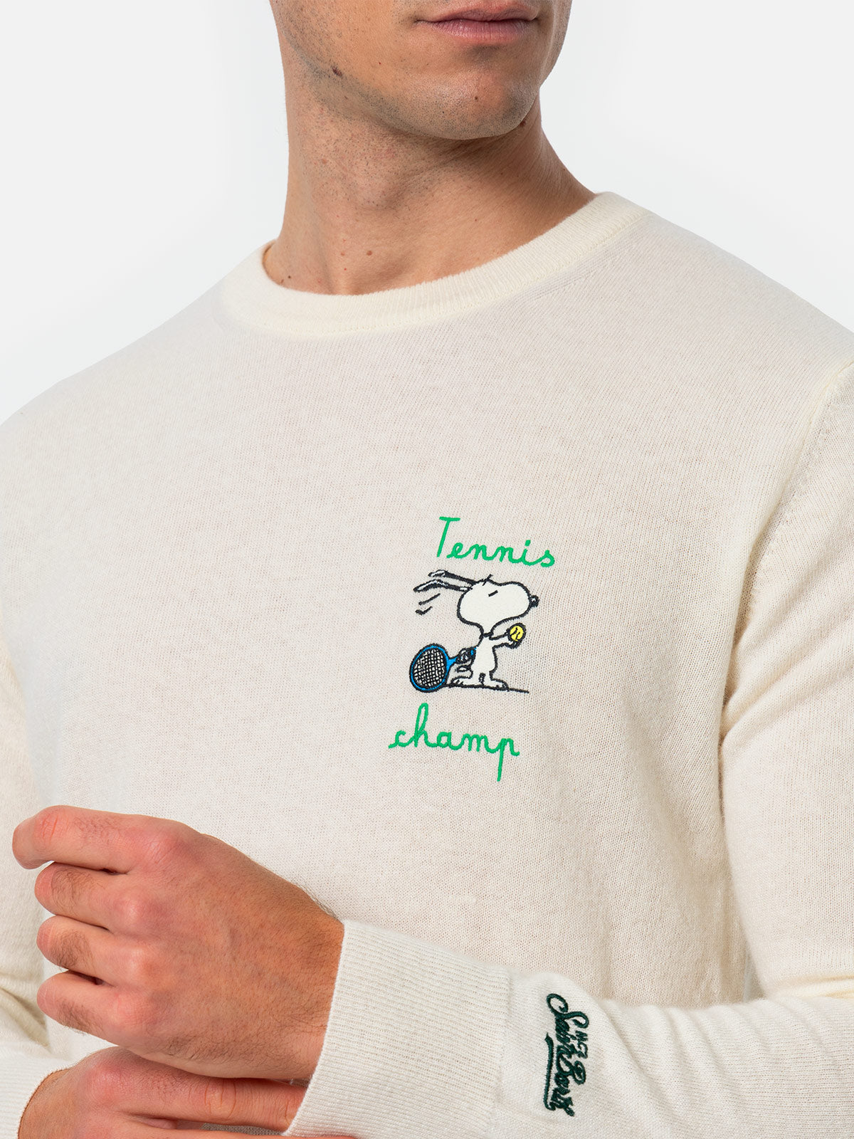 Heron Men's White Crew-Neck Sweater Snoopy Tennis Champ Embroidery SNOOPY PEANUTS SPECIAL EDITION Logo on Cuff Regular Fit MC2 Saint Barth