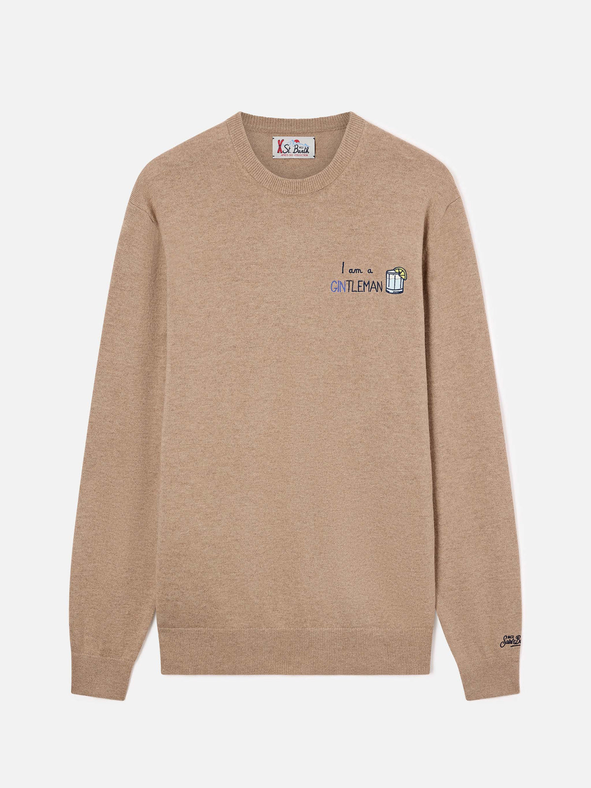 Jersey de cuello redondo Beige Heron en mezcla ligera de lana y cachemir con bordado Gintleman