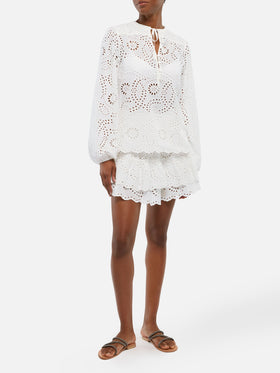 Harper silk voile blouse in white Sangallo lace