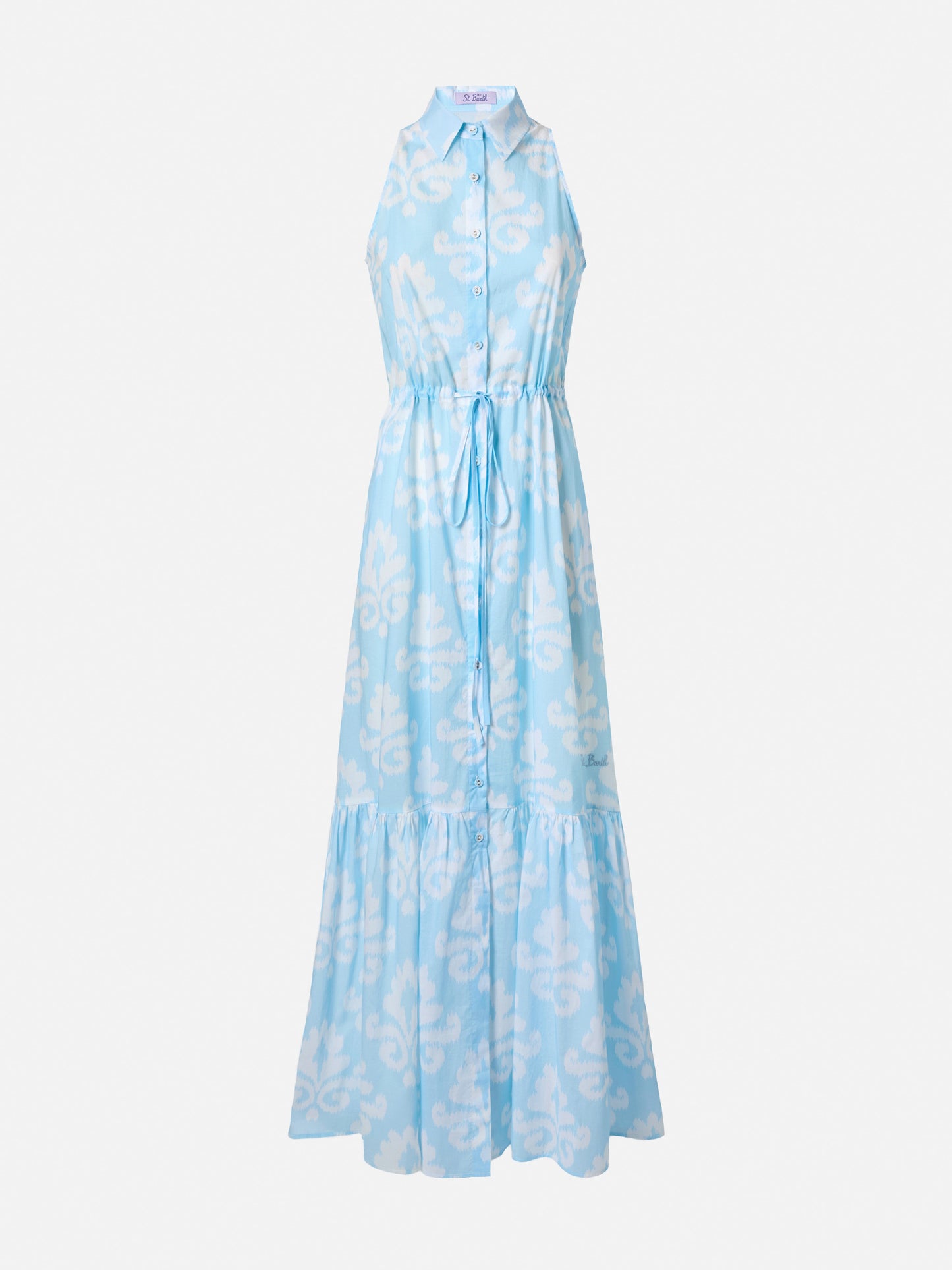 Abito lungo Ida con scollo all'americana e stampa ikat