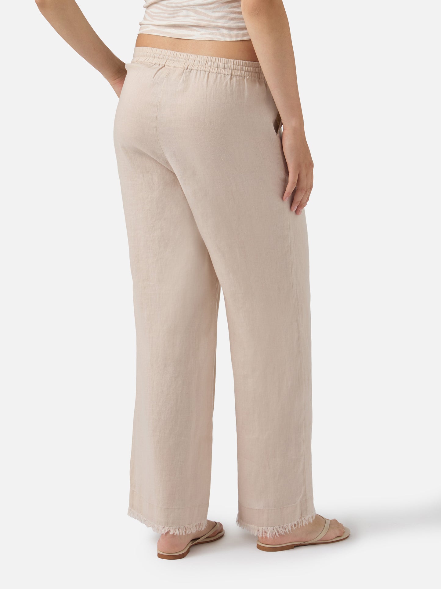 Beige Irma Leinenhose mit ausgefranstem Saum