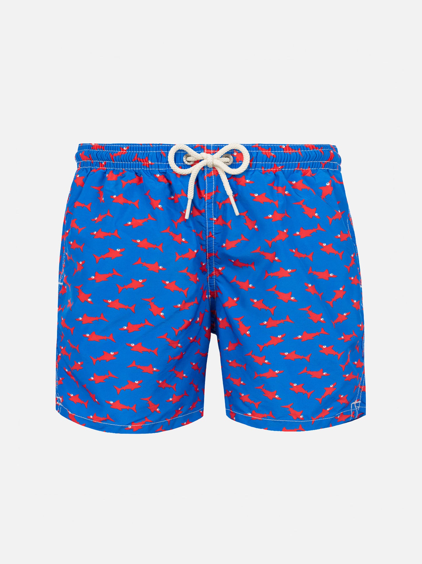 Boy swim shorts with red shark print