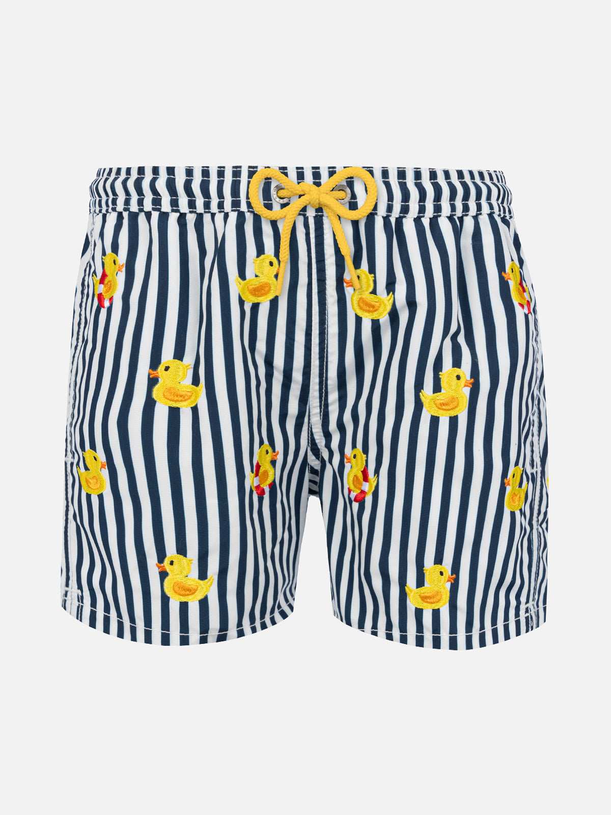 Boy striped swim shorts with embroidered ducks - Main Image