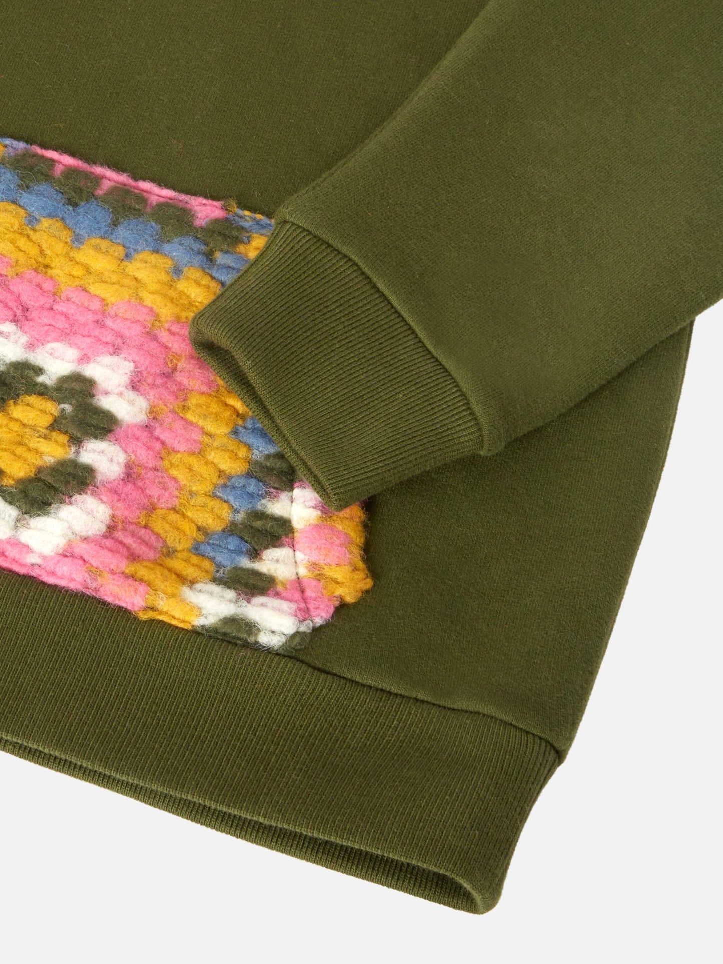 Jeune Jr green hoodie with crochet pattern