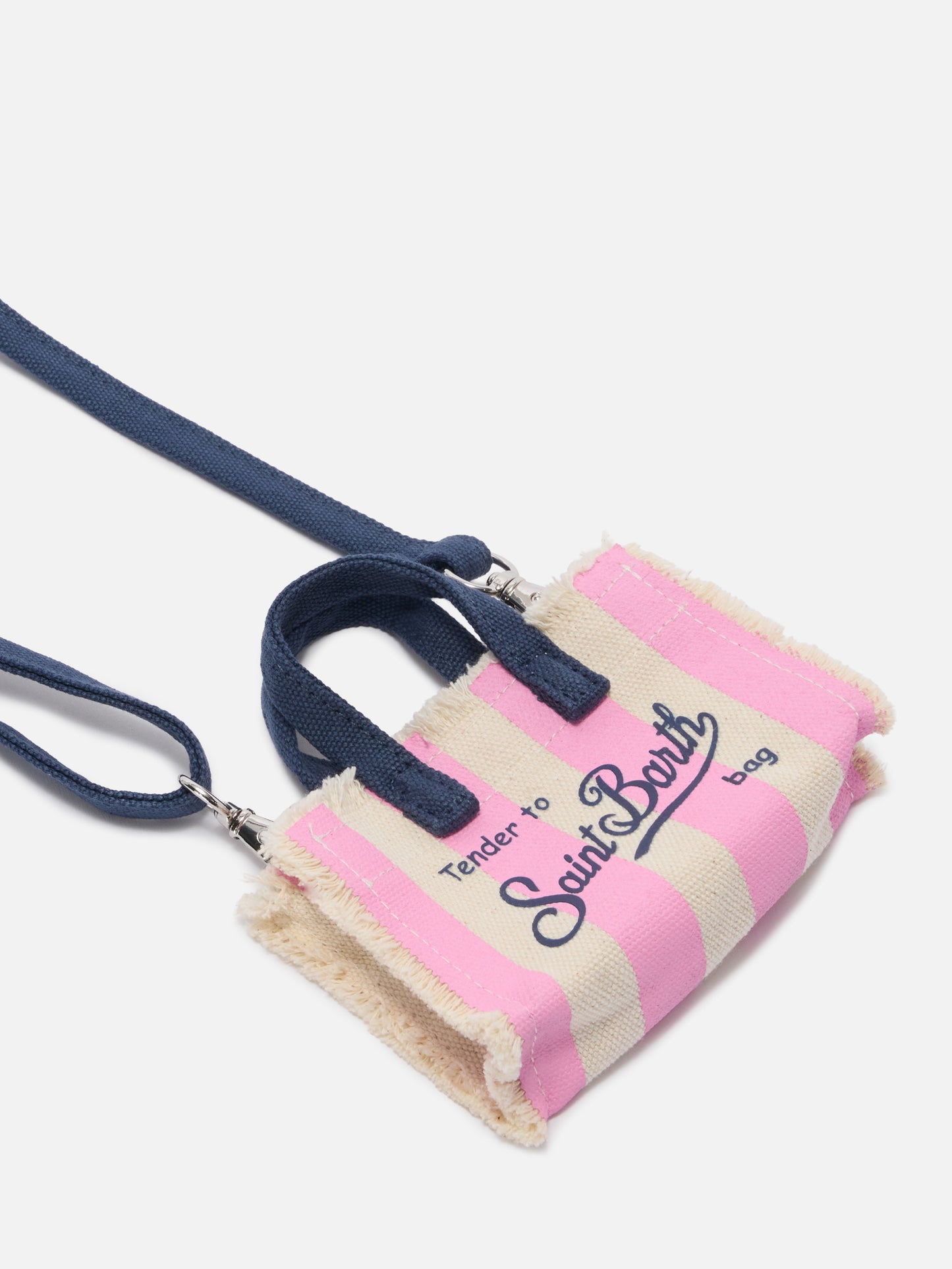 Keychain a forma di mini borsa in tessuto a righe con logo ricamato