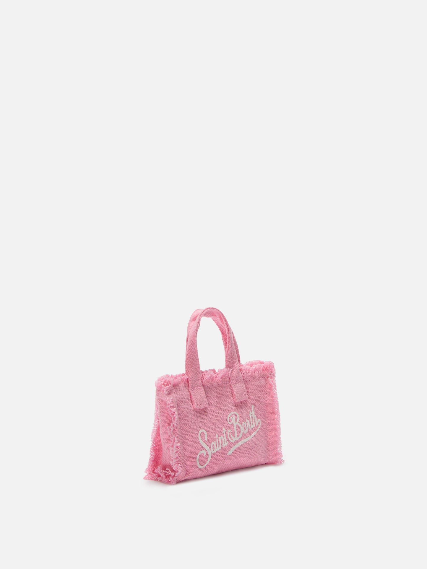 Pink linen mini bag–shaped keychain with printed logo
