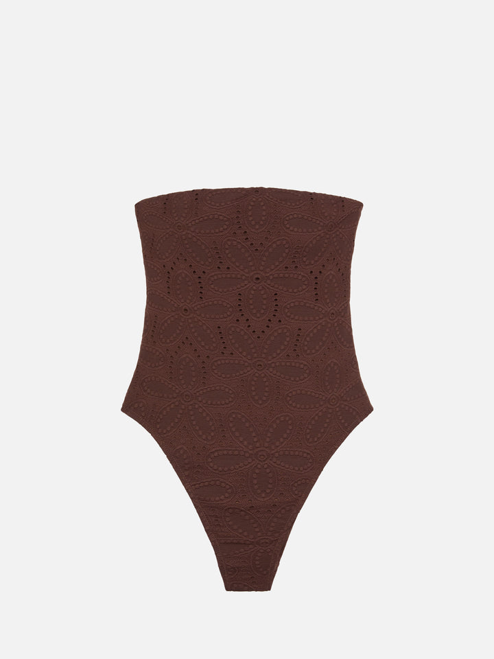 Costume intero in Sangallo di cotone marrone Kayla