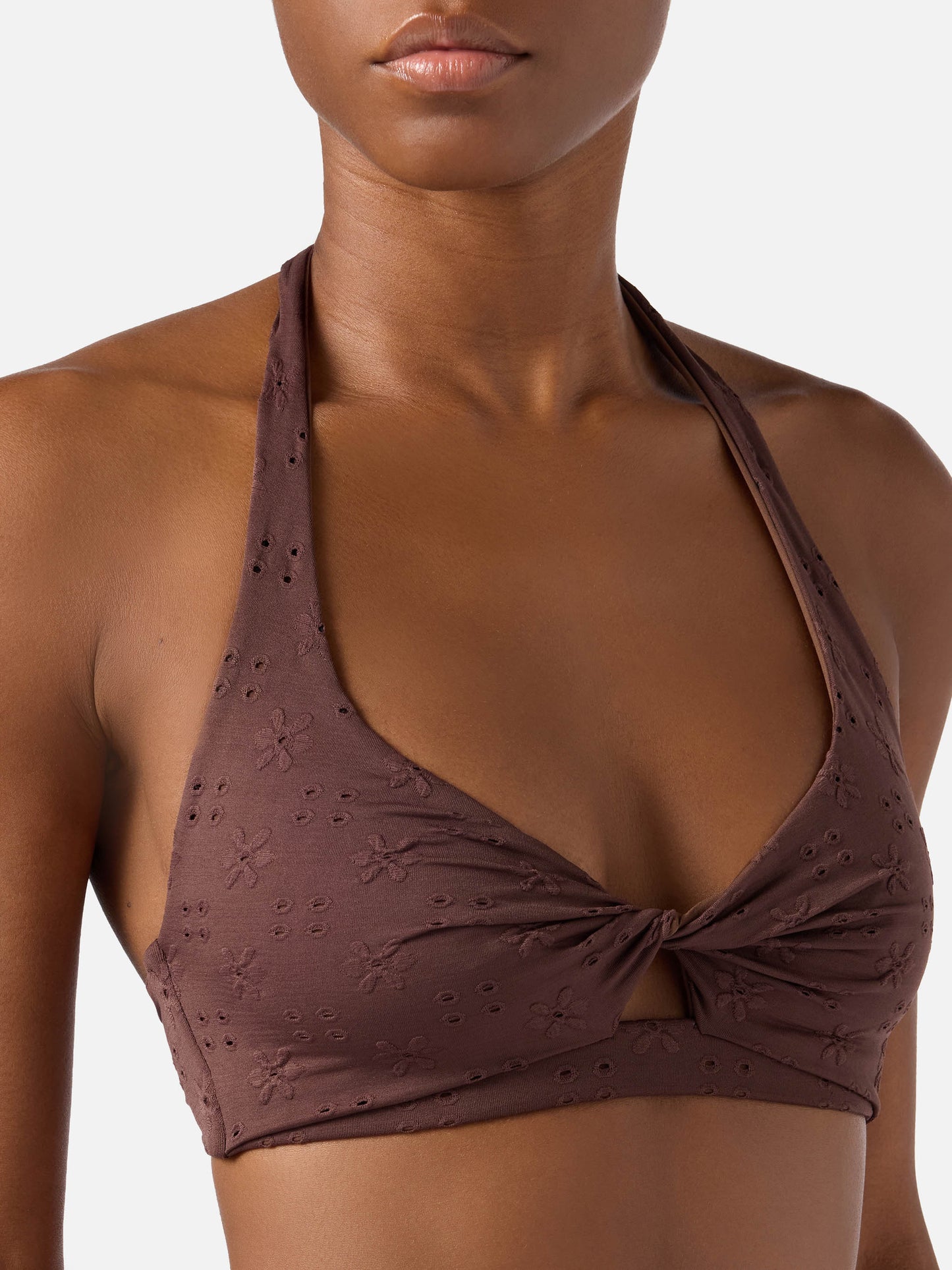 Top de bikini bralette Leda en sangallo marrón con detalle cut-out