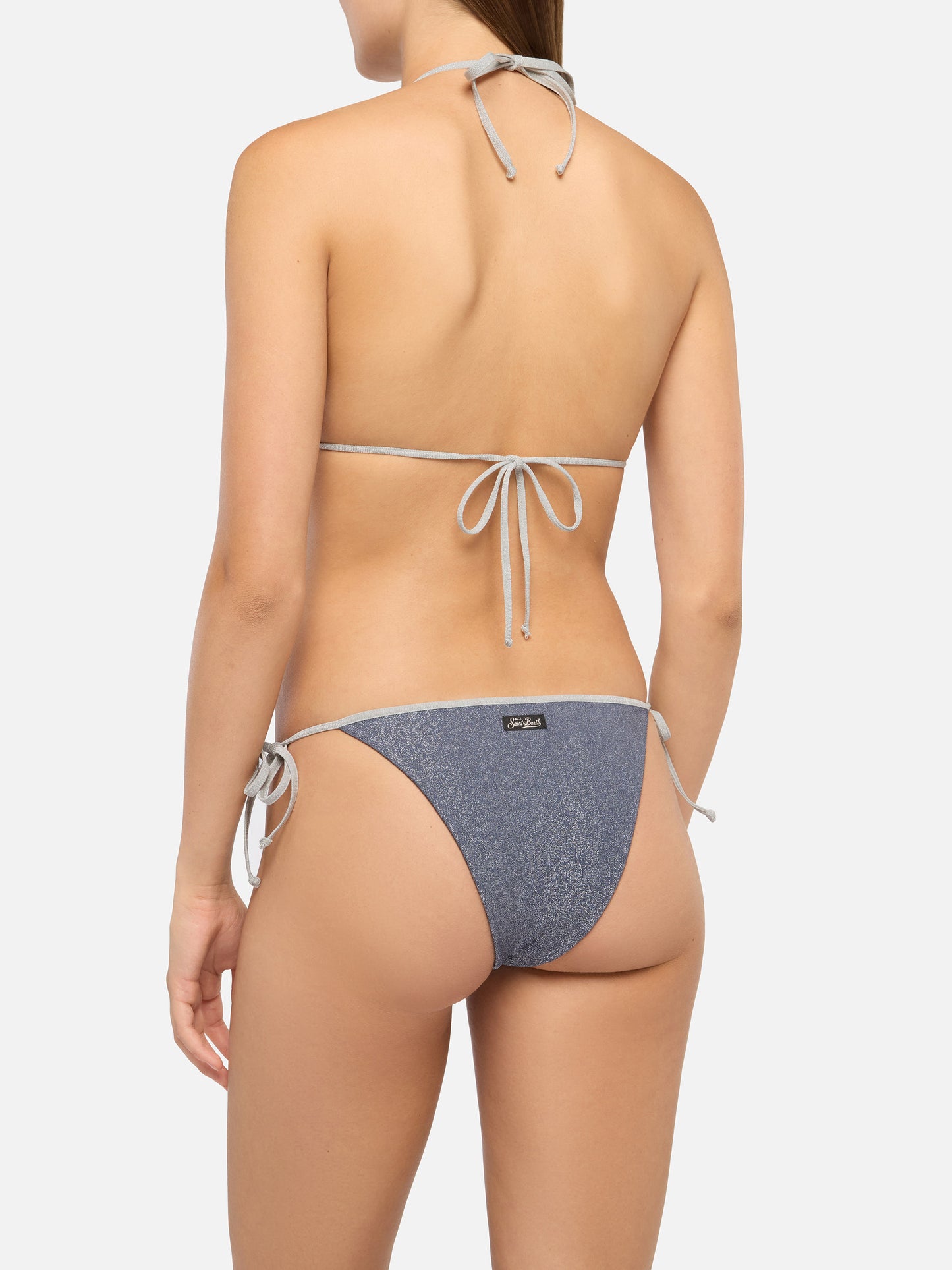 Bikini a triangolo classico Leah Marielle in lurex color avio blue con profilo argento