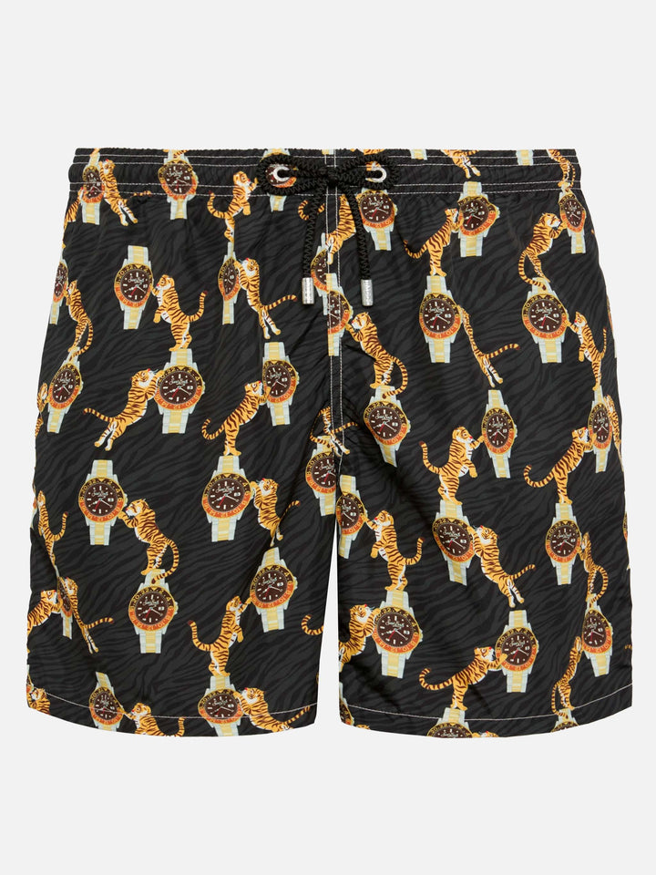 Lightweight fabric swim-shorts Lighting with watche and tiger print