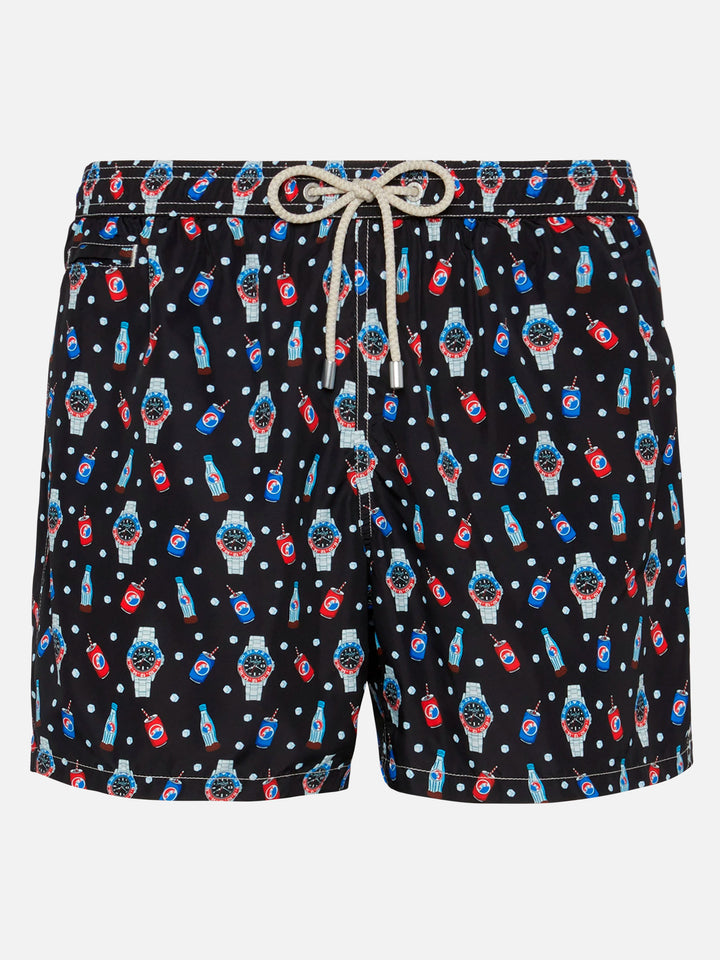 Lightweight fabric swim shorts Lighting with watch print