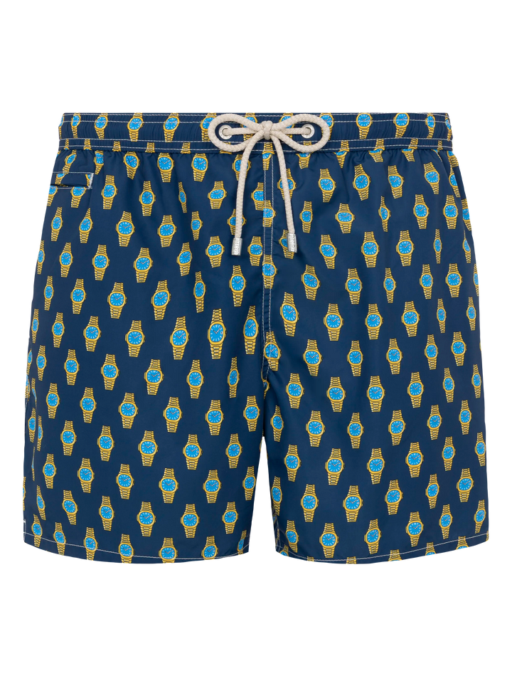 Lightweight fabric swim shorts Lighting with watch print