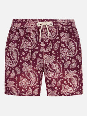 Herren-Badeshorts aus leichtem Stoff mit burgunderrotem Paisley-Print