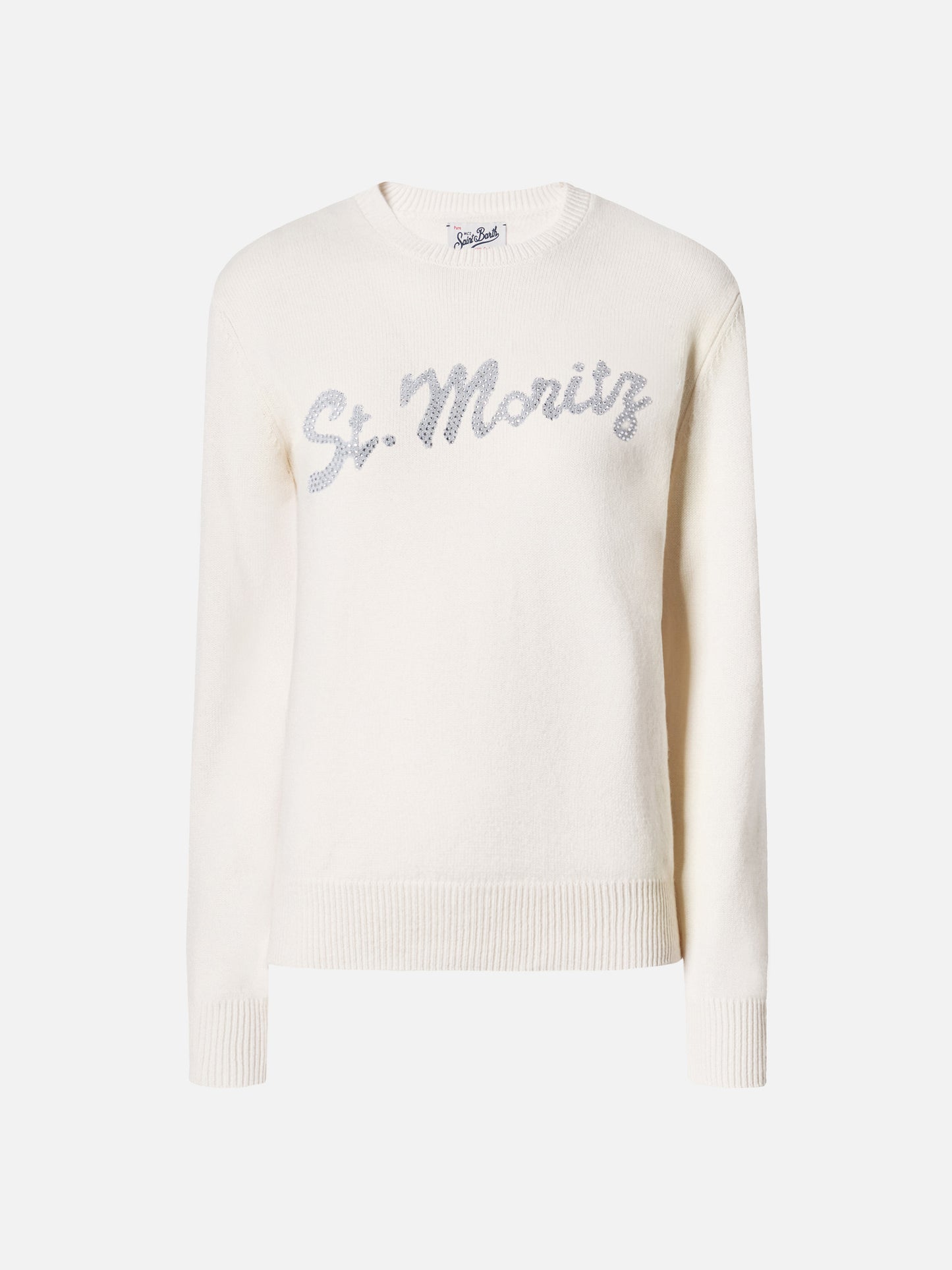 Louise cashmere sweater in white with St. Moritz rhinestone appliqué