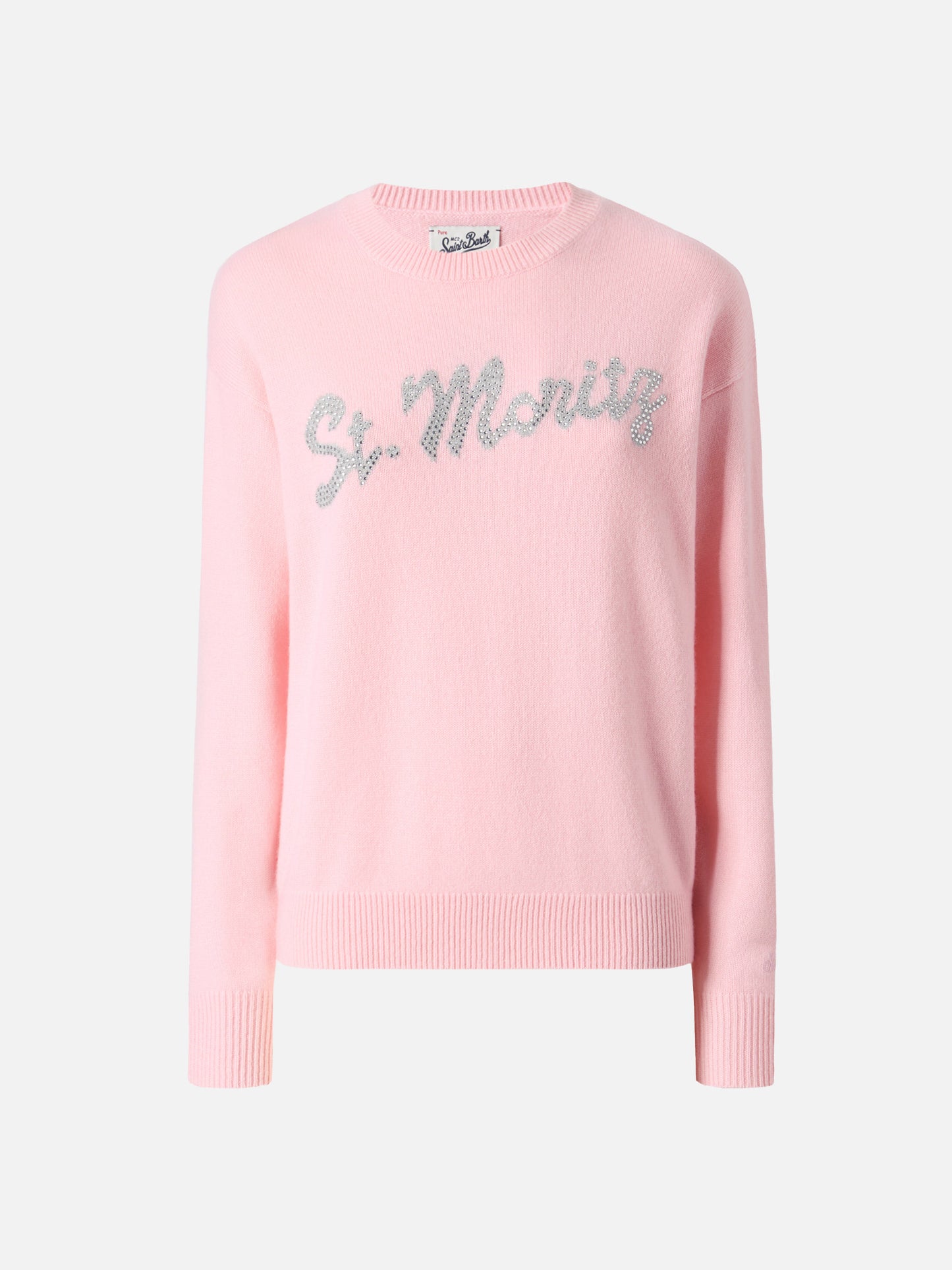 Louise cashmere sweater in pink with St. Moritz rhinestone appliqué