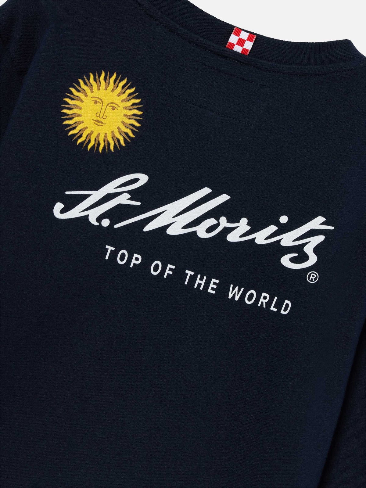 Marineblaues blue Luton Langarm-T-Shirt aus Baumwolle mit St. Moritz Print auf der Rückseite | Special edition