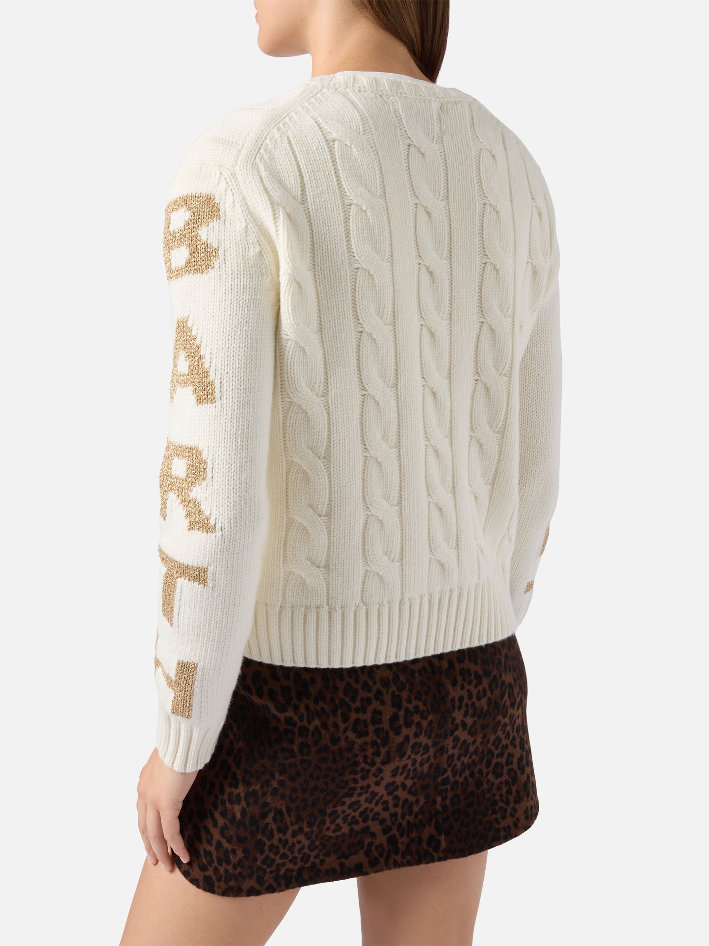 Maglione a trecce Malmo in misto cashmere bianco con jacquard St. Barth sulle maniche