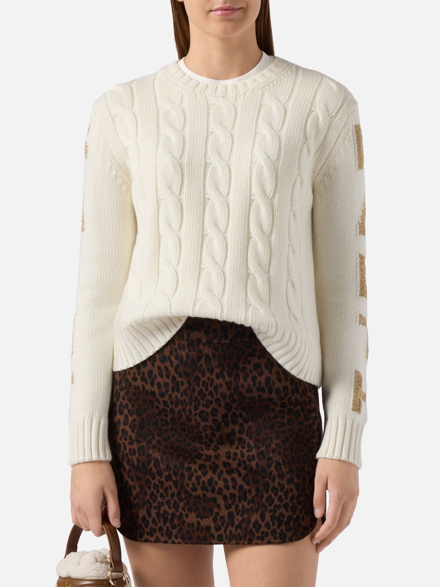 Maglione a trecce Malmo in misto cashmere bianco con jacquard St. Barth sulle maniche