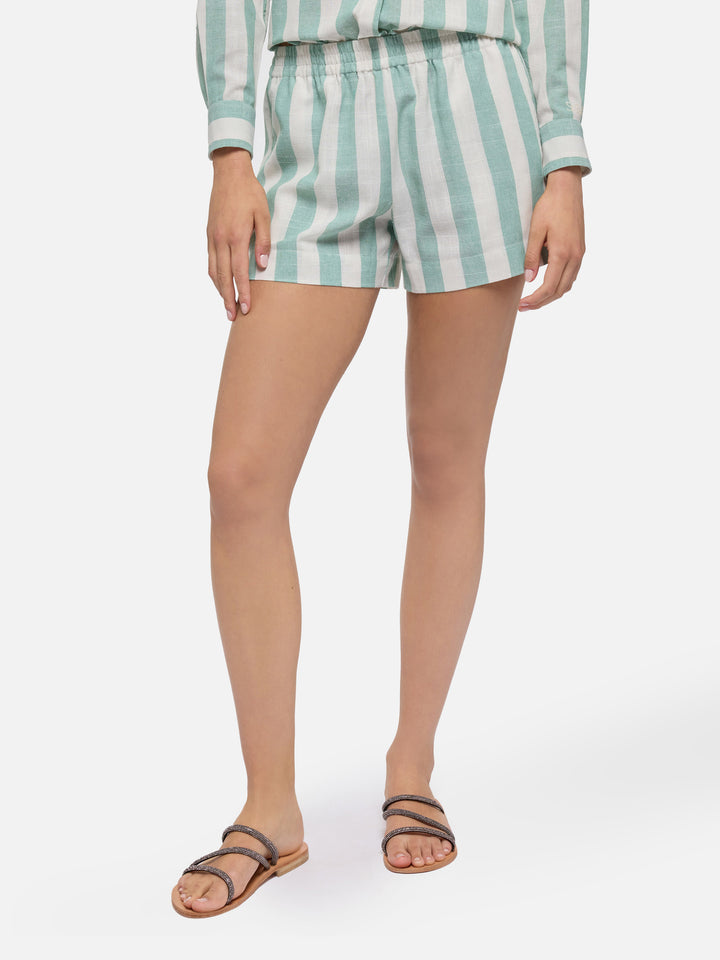 Meave cotton pull up shorts with sage green striped print