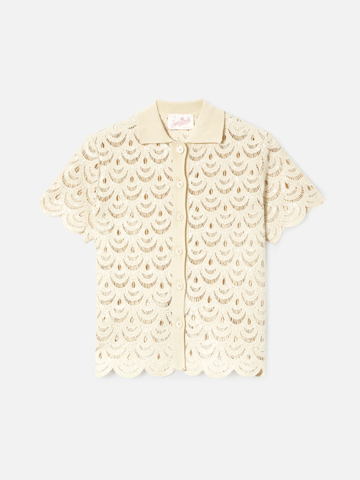 Meave crochet-effect cotton knit polo with sequins