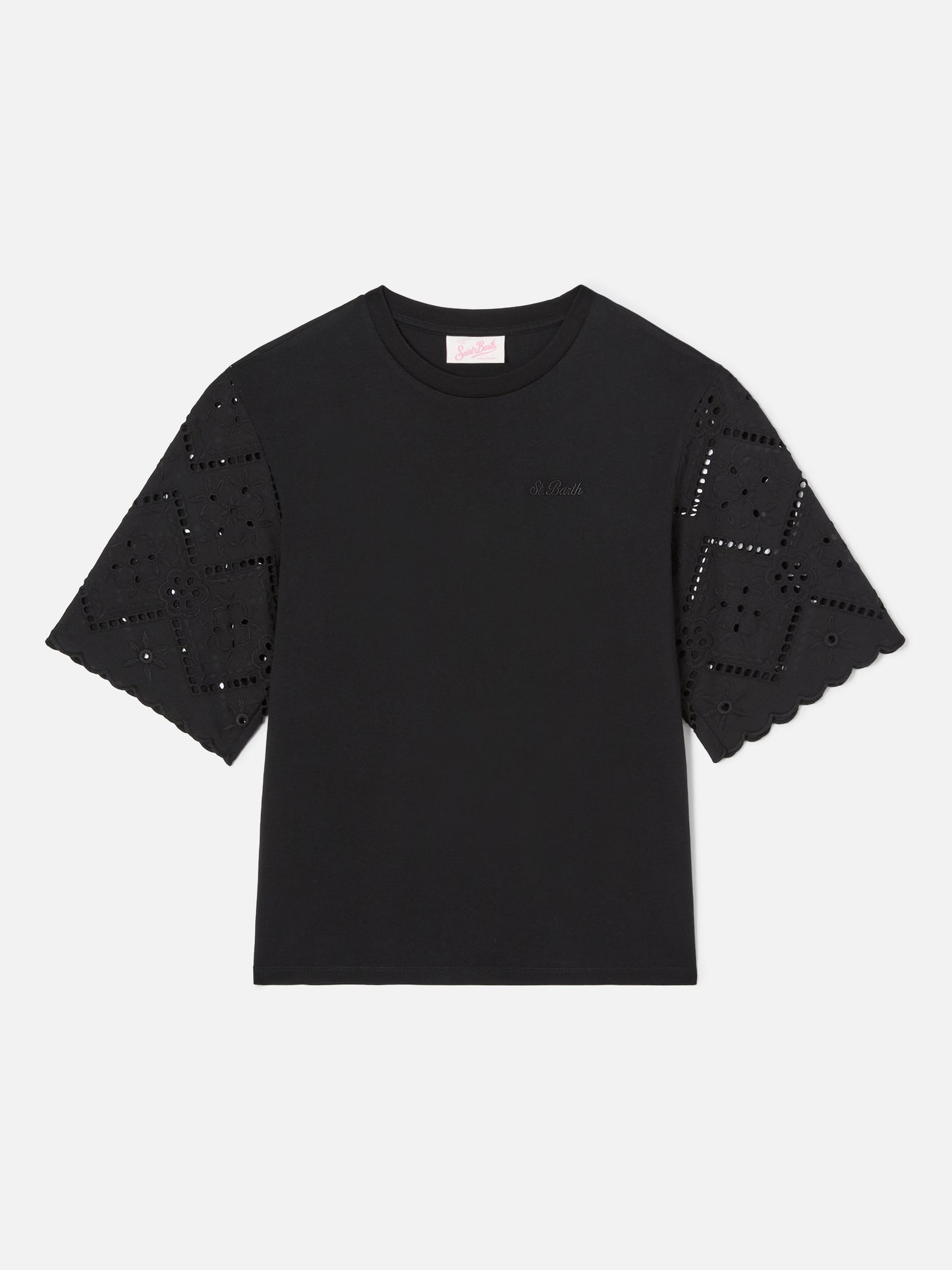 T-shirt Maisa nera con maniche in sangallo e ricamo St. Barth