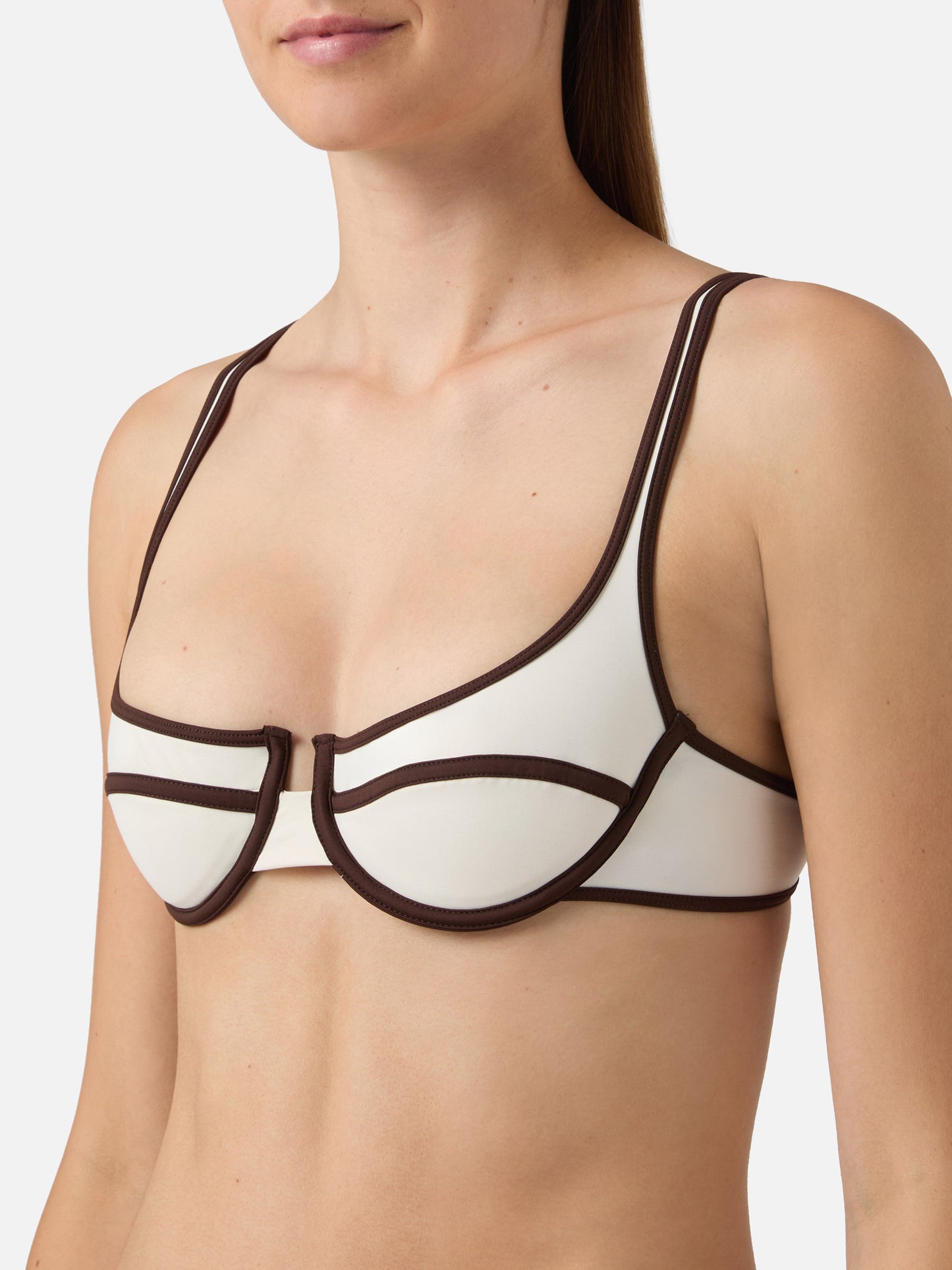 Amira String Balconette-Bikinioberteil in Creme mit braunen Abschlüssen