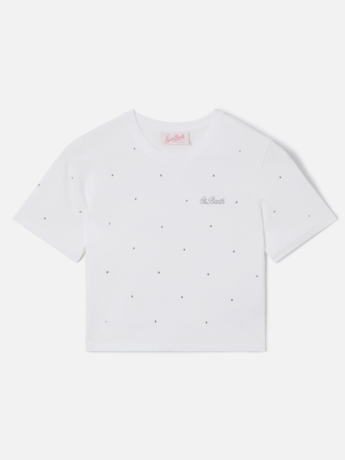 T-shirt Nives in cotone bianco con strass all-over