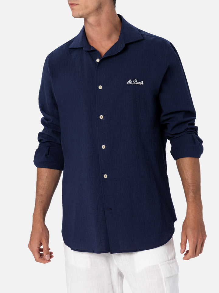 Man seersucker blue cotton shirt Pamplona - MC2 Saint Barth