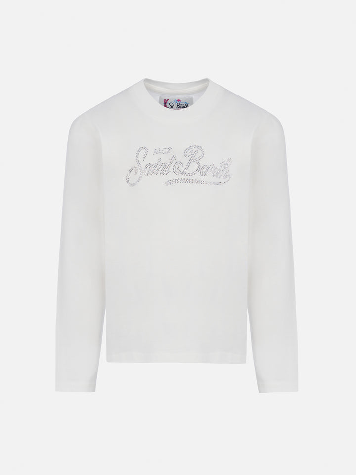 Girl white long-sleeve t-shirt Penny with Saint Barth rhinestones logo - MC2 Saint Barth