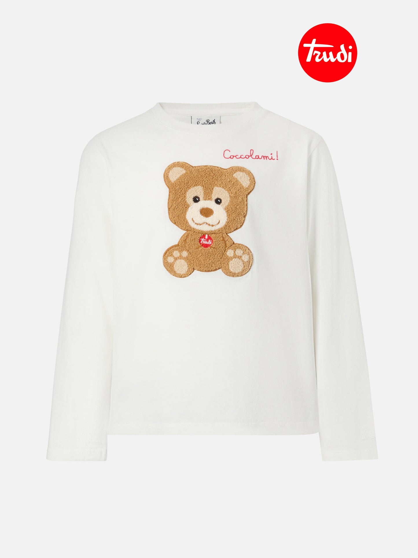 T-shirt Penny in cotone bianco a maniche lunghe con applicazione in spugna orsetto Trudi | TRUDI SPECIAL EDITION