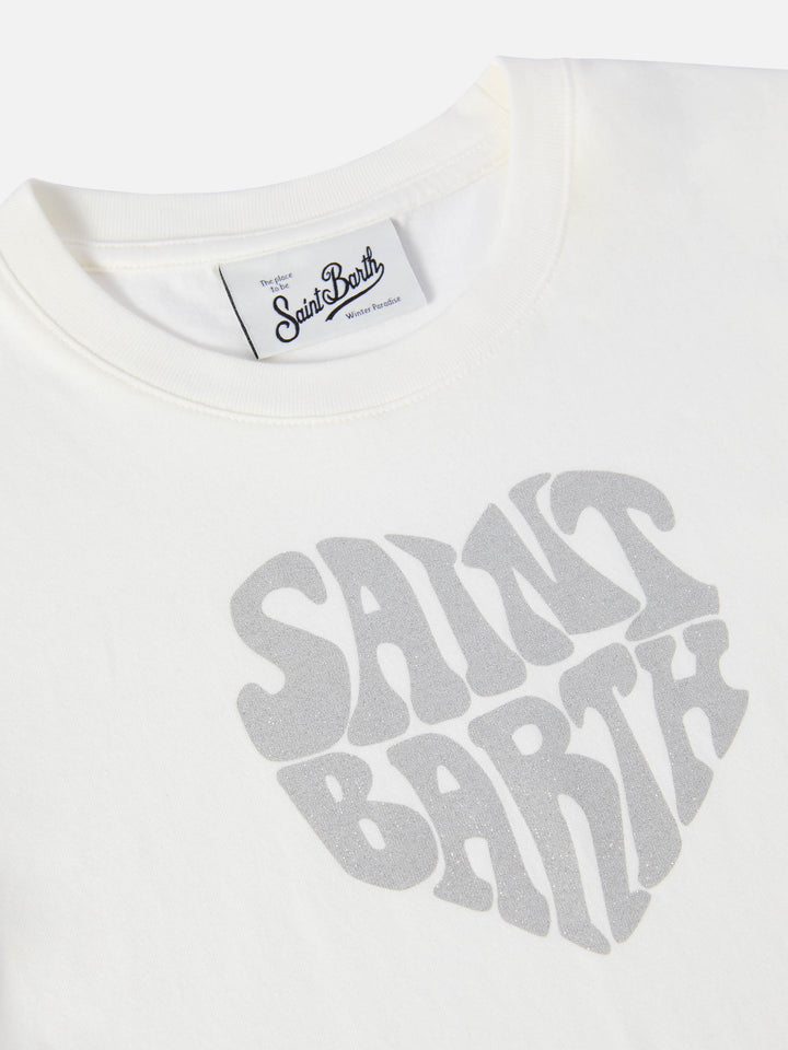 T-shirt Penny in cotone bianco a maniche lunghe con applicazione Saint Barth in glitter argento