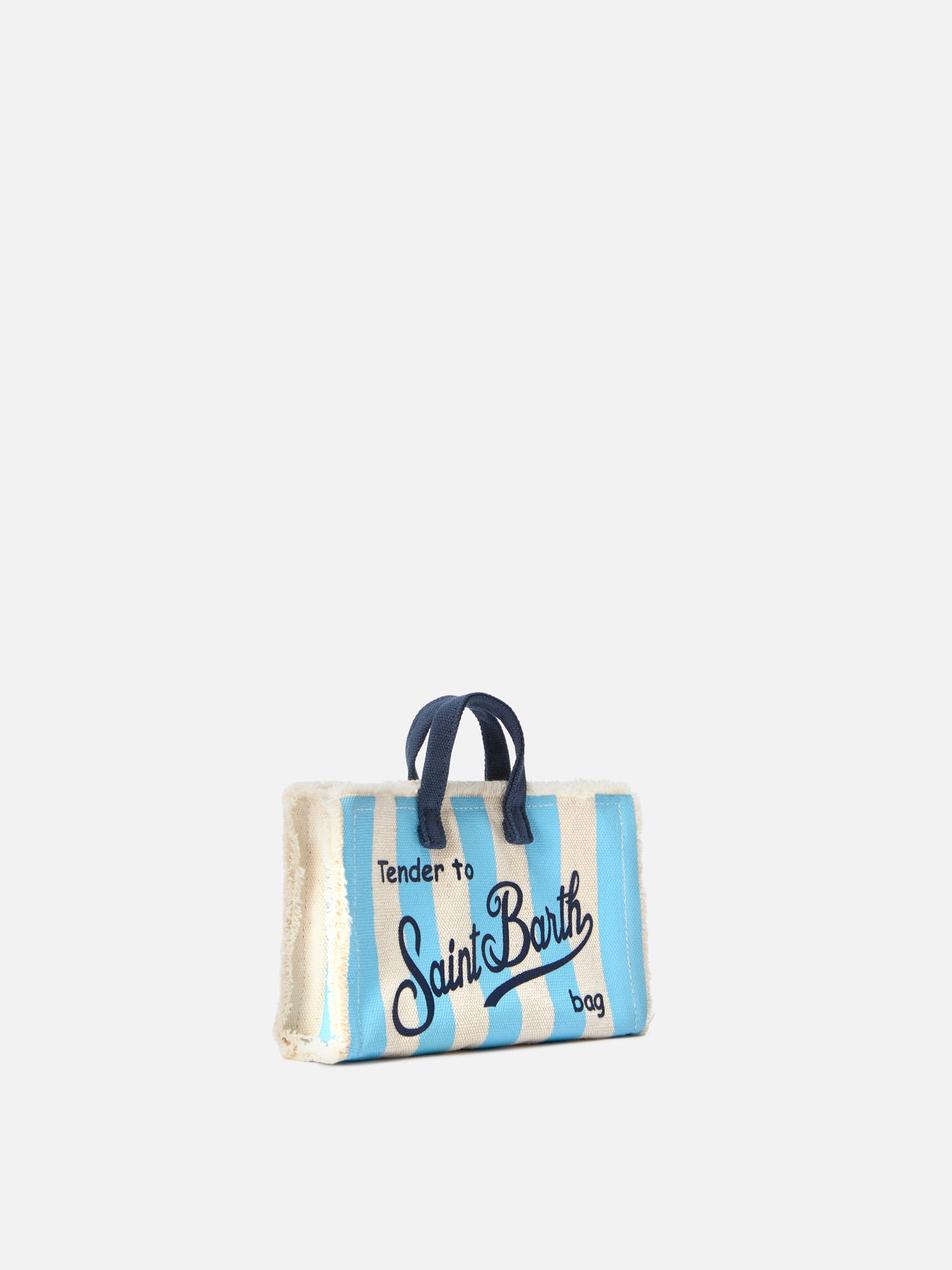 Borsa Phone micro in canvas a righe bianche e azzurre con logo a contrasto