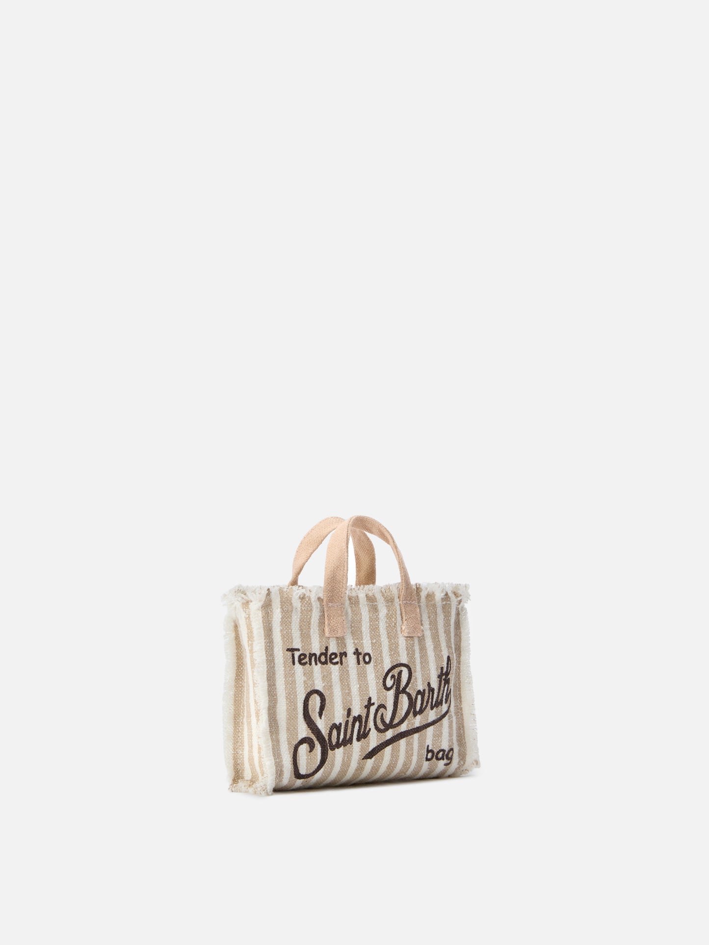 micro Phone linen bag with beige and white stripes and contrasting logo