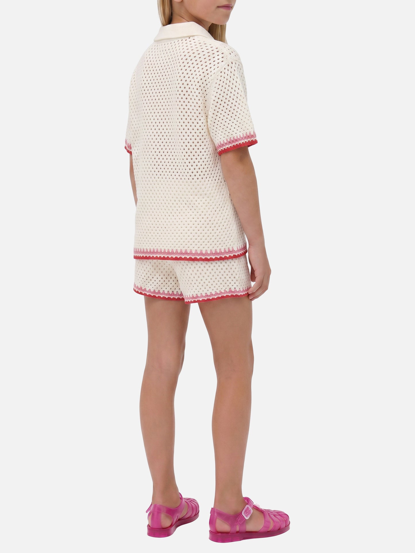 Pixie Jr Polo in white cotton blend with embroidered patches
