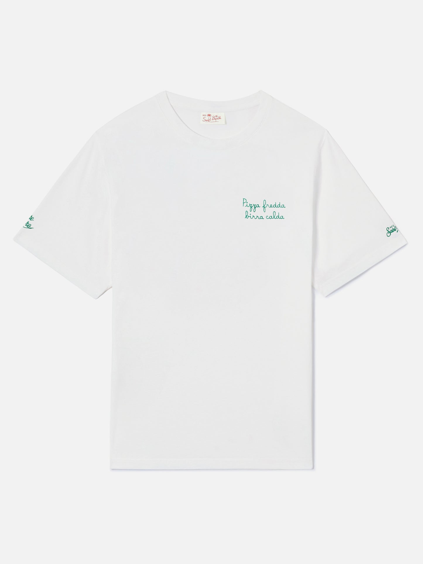 T-shirt Portofino blanc avec broderie Pizza Fredda Birra Calda