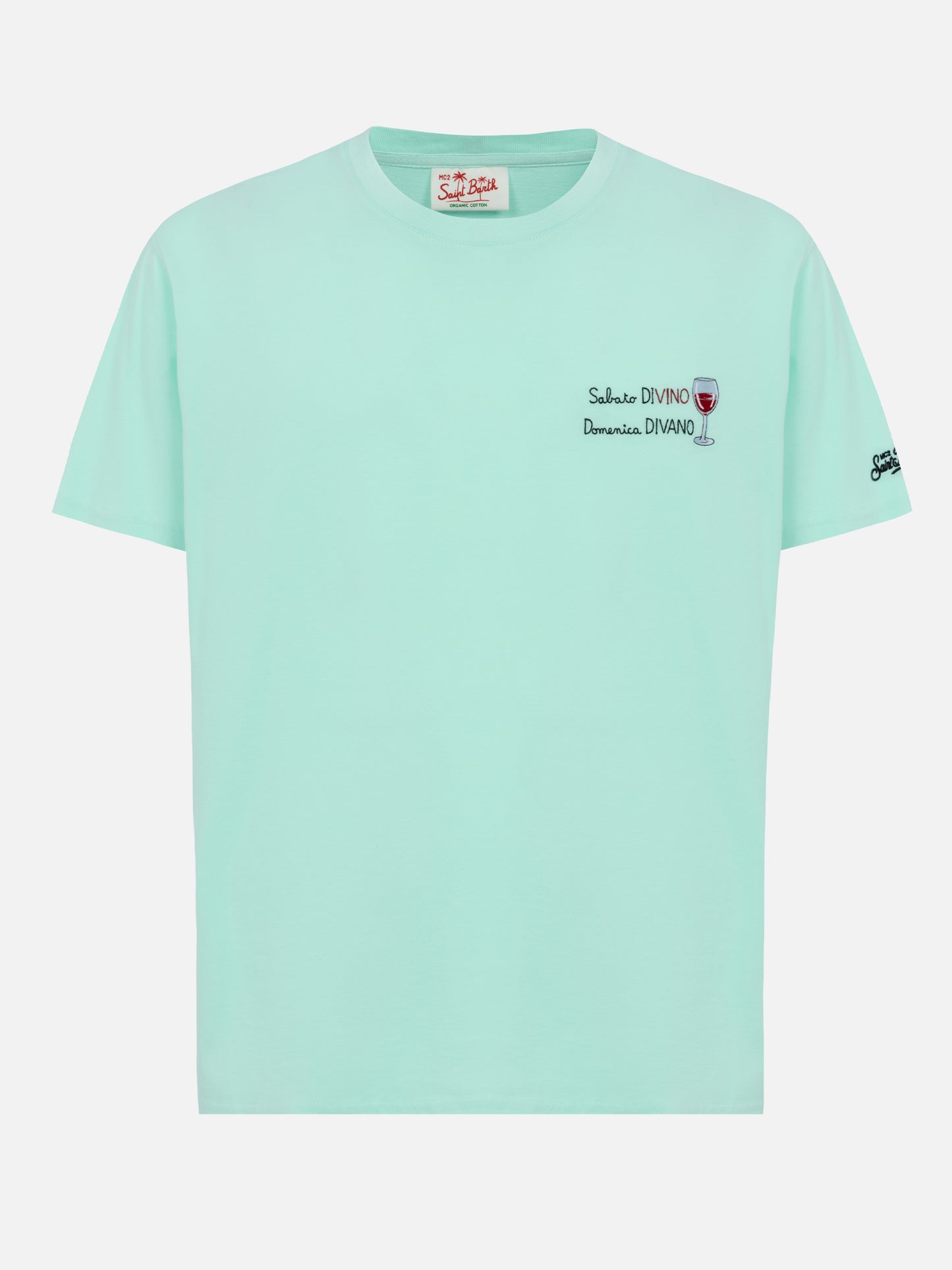 Klassisch geschnittenes T-Shirt „Portofino“ aus Baumwolljersey mit Sabato Divino Domenica Divano-Stickerei