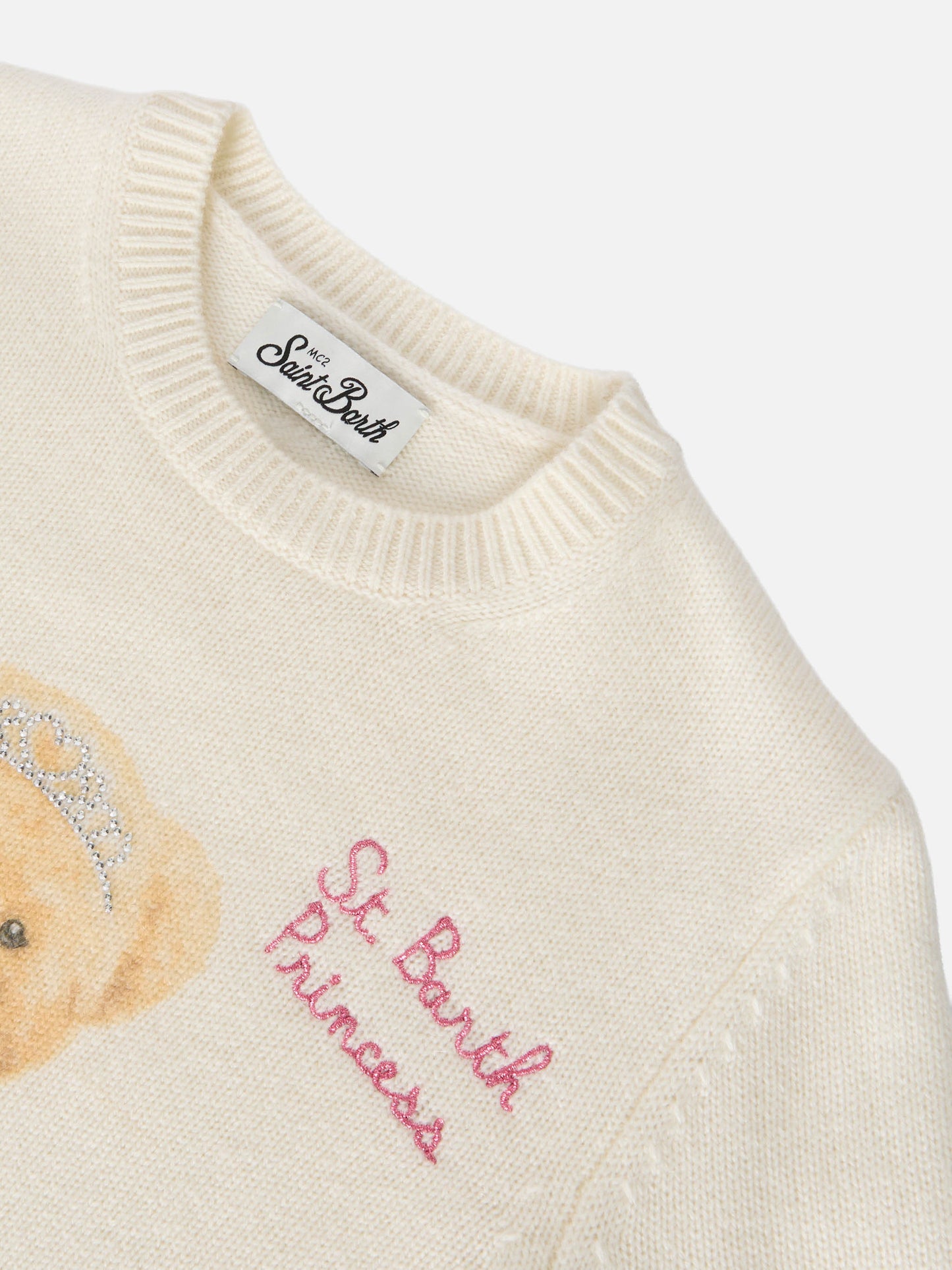 Sweater Princess in cashmere blend with teddy bear print and embroidery