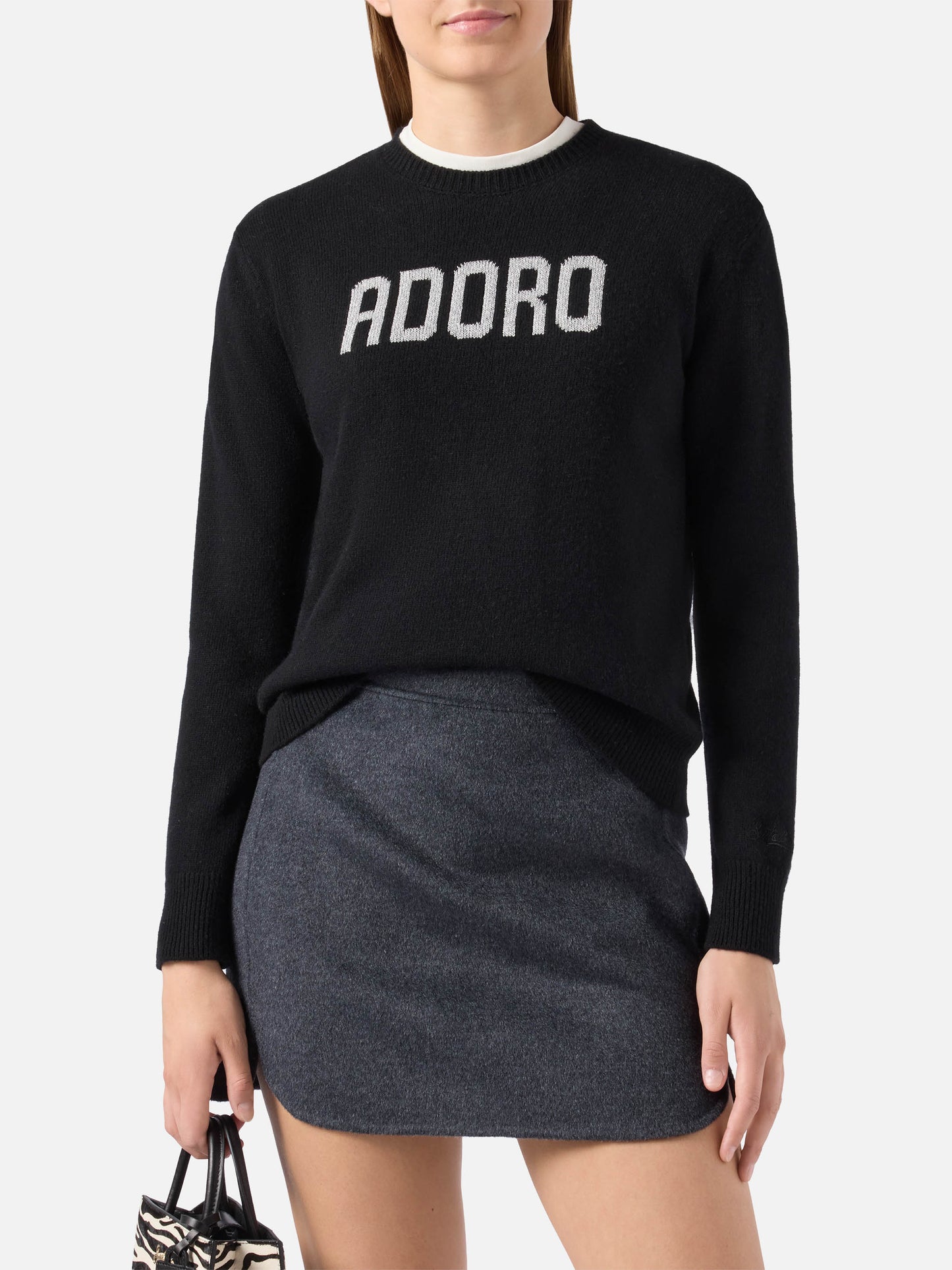 Maglione New Queen in misto cashmere nero con jacquard Adoro
