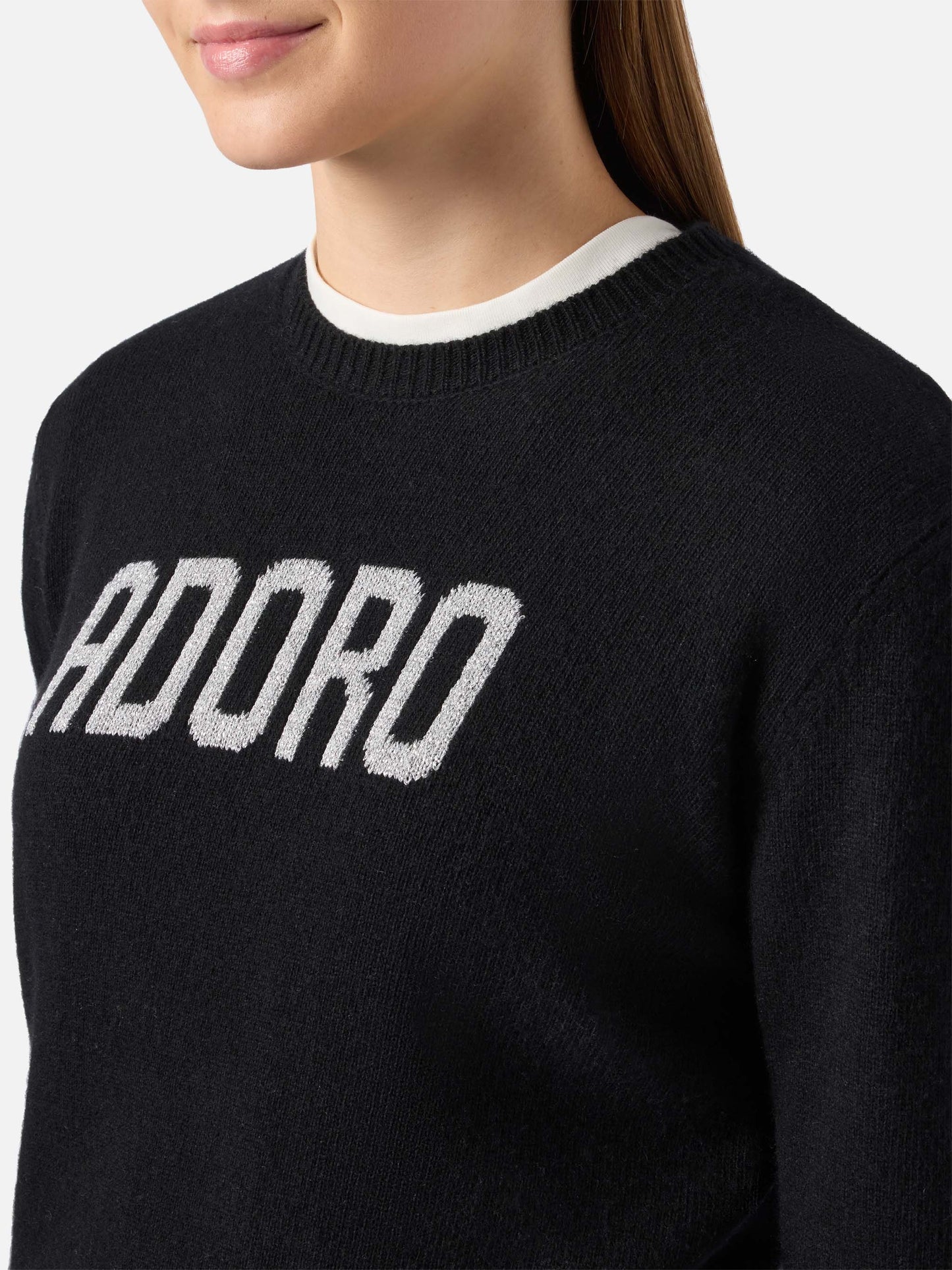 Maglione New Queen in misto cashmere nero con jacquard Adoro